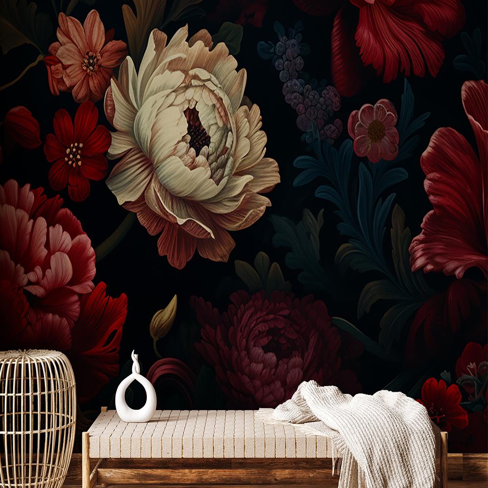 Retro Kırmızı Beyaz Çiçek Desenli Duvar Kağıdı