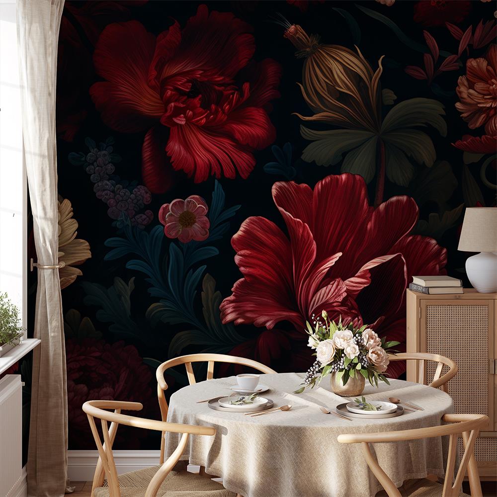 Retro Kırmızı Beyaz Çiçek Desenli Duvar Kağıdı