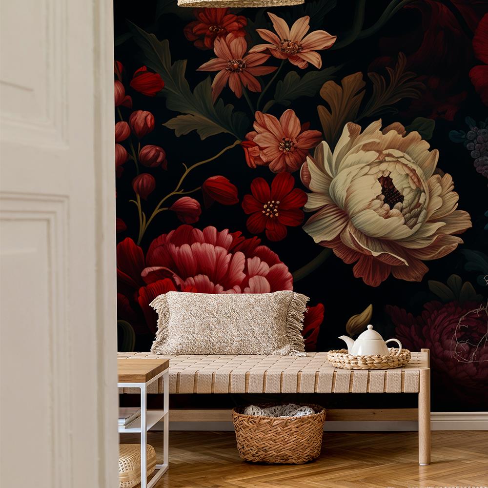 Retro Kırmızı Beyaz Çiçek Desenli Duvar Kağıdı