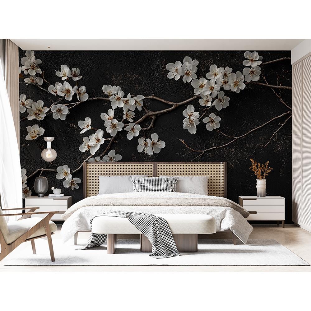 Siyah Üzerinde Beyaz Çiçek Zarafeti Duvar Kağıdı
