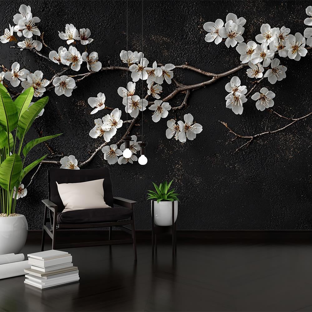 Siyah Üzerinde Beyaz Çiçek Zarafeti Duvar Kağıdı