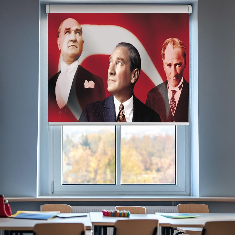 Türk Bayraklı Üçlü Atatürk Posterli Stor Perde