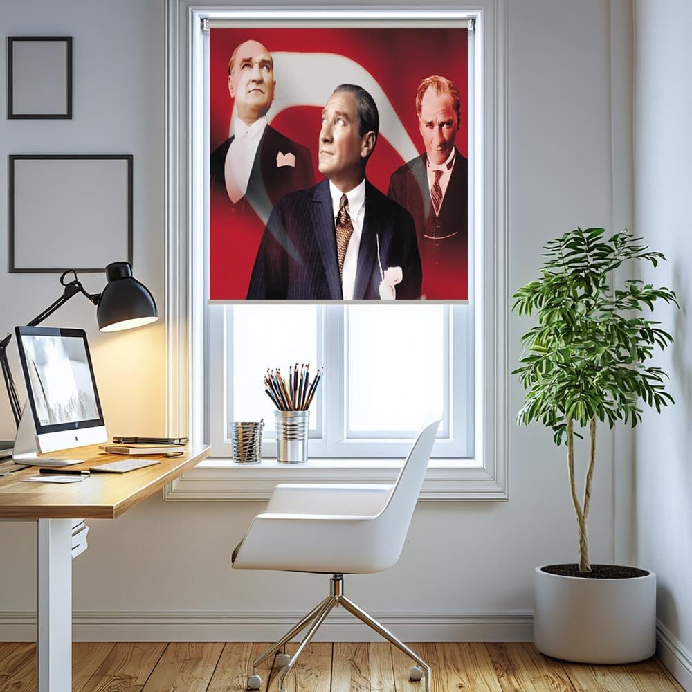 Türk Bayraklı Üçlü Atatürk Posterli Stor Perde
