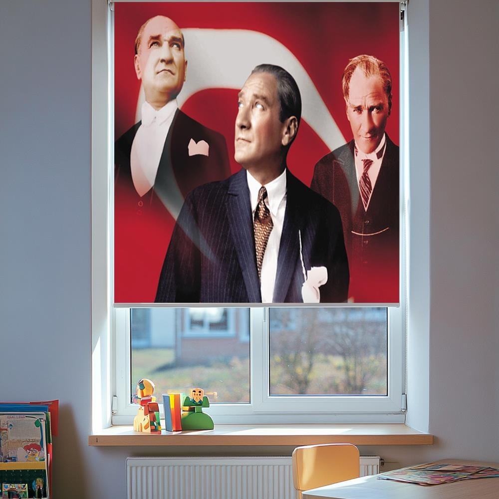 Türk Bayraklı Üçlü Atatürk Posterli Stor Perde