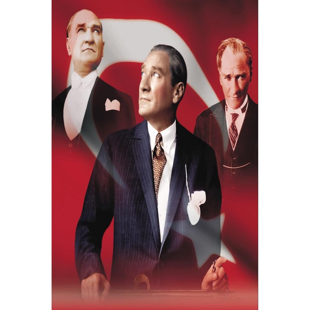 Türk Bayraklı Üçlü Atatürk Posterli Stor Perde