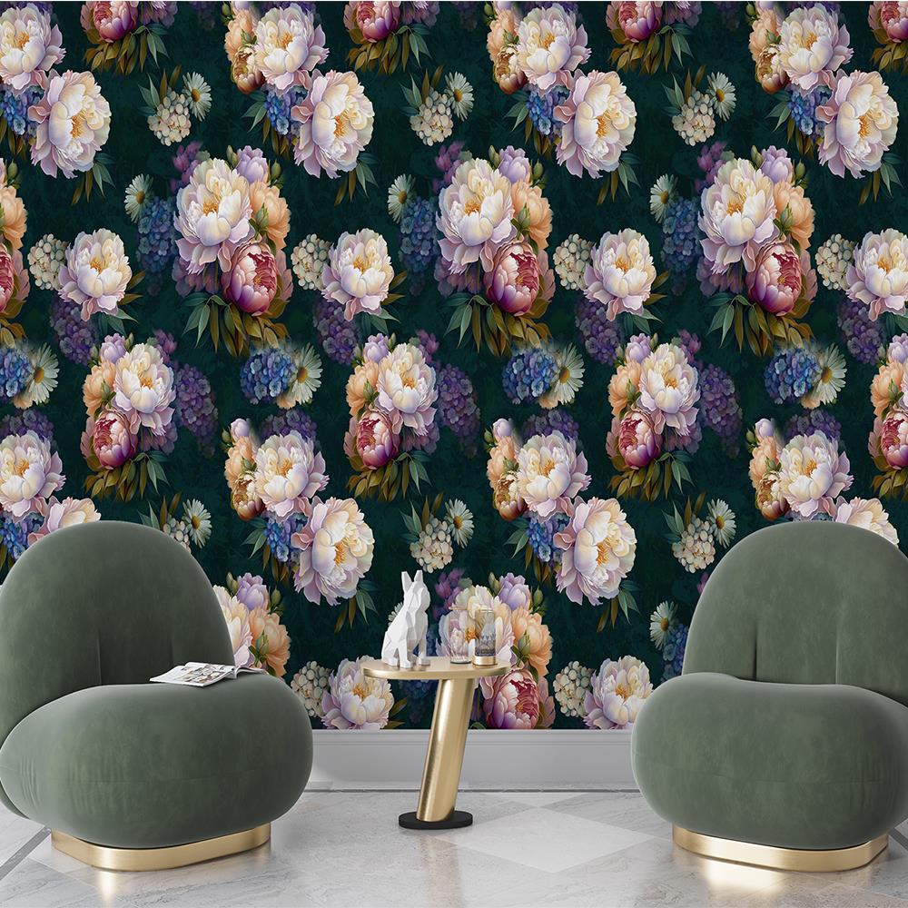 Vintage Esintili Şakayık Desenli Duvar Kağıdı