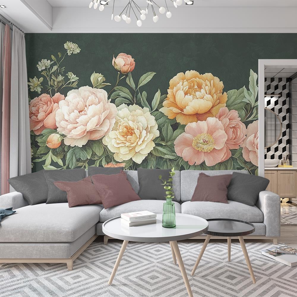 Yeşil Zemin Üzerinde Zarif Çiçekler Duvar Kağıdı