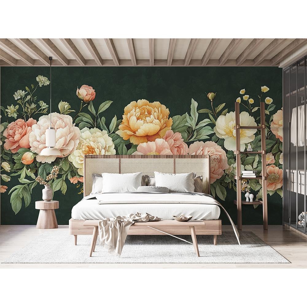 Yeşil Zemin Üzerinde Zarif Çiçekler Duvar Kağıdı