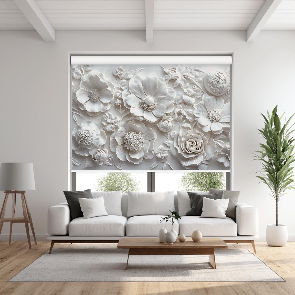 Zarif Beyaz Çiçekler 3D Stor Perde