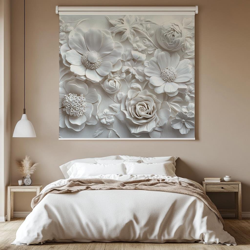 Zarif Beyaz Çiçekler 3D Stor Perde