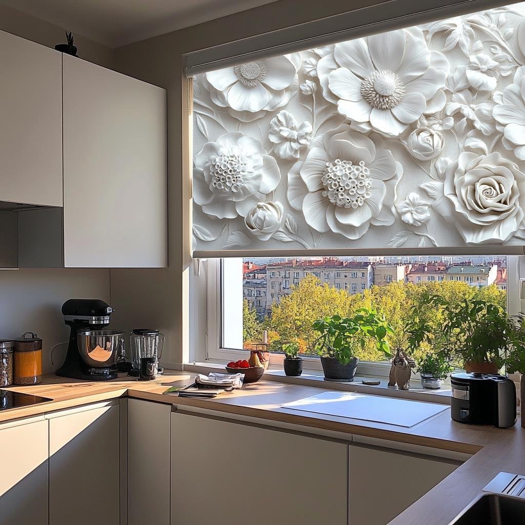 Zarif Beyaz Çiçekler 3D Stor Perde