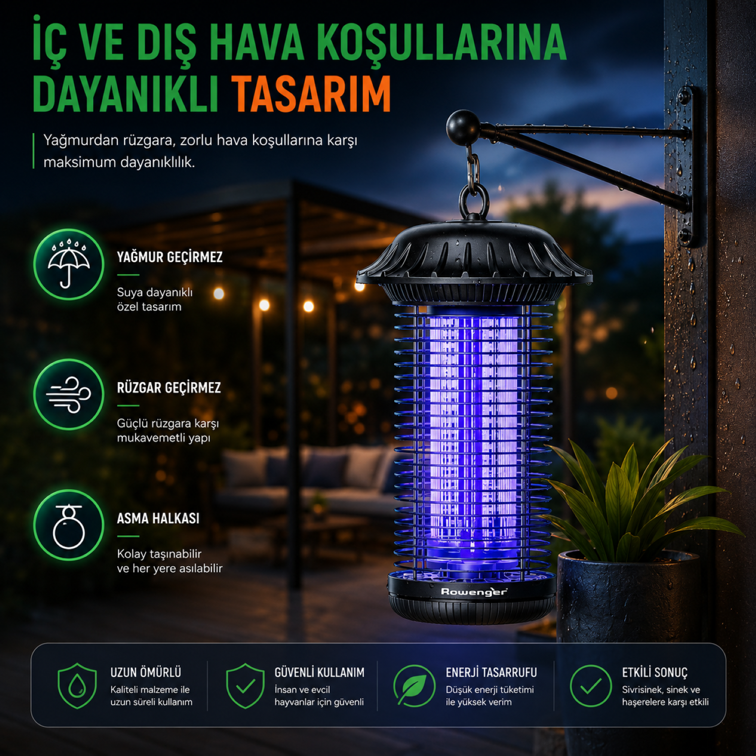 Rowenger MO8C UV-LED Işıklı Elektrikli Sinek Öldürücü İç Dış Mekan Haşere Sivrisinek Öldürücü  Lamba