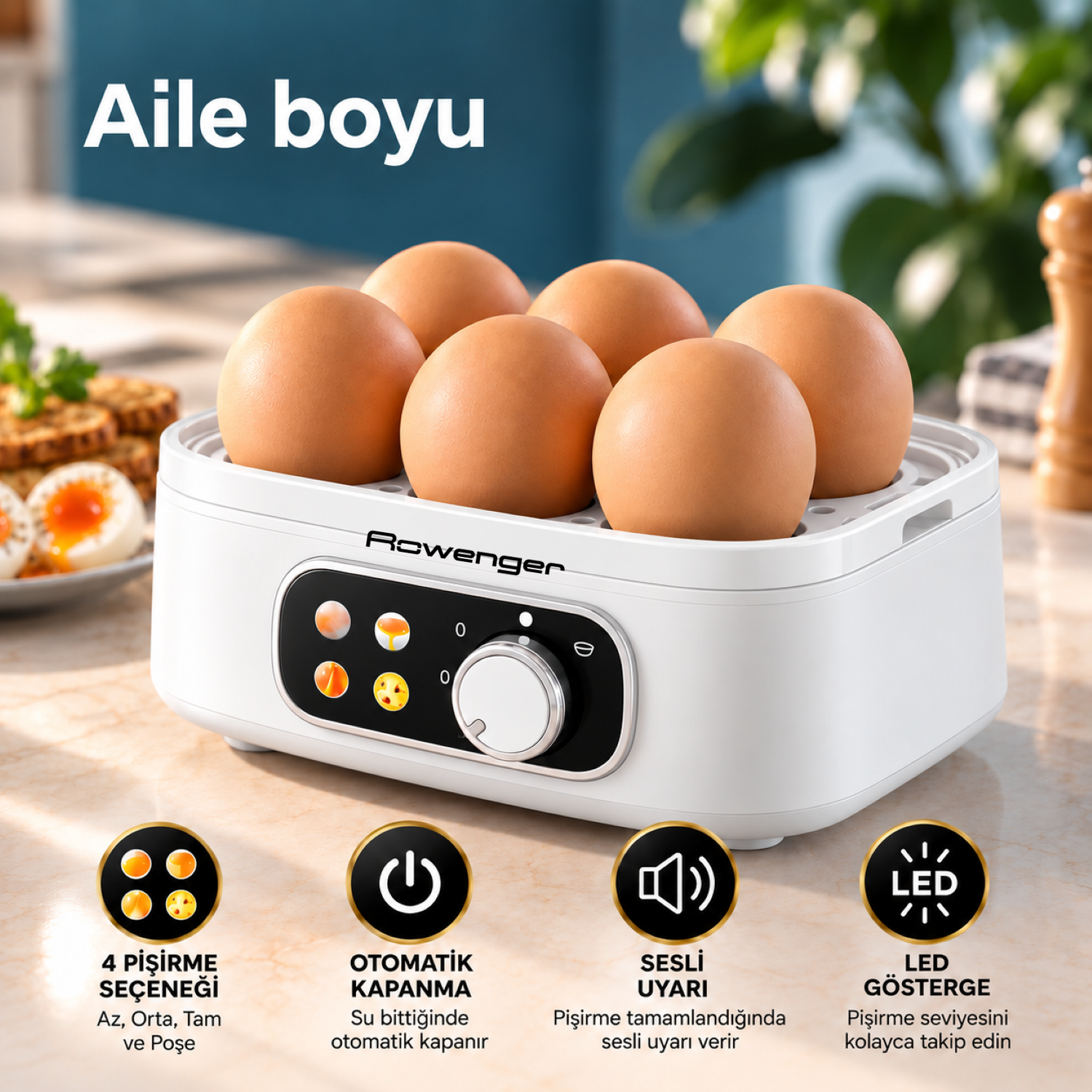 Rowenger Smartegg Yumurta Haşlama Makinesi Yumurta Pişirici Led Göstergeli 4 Kıvamda Pişirme RO-08B