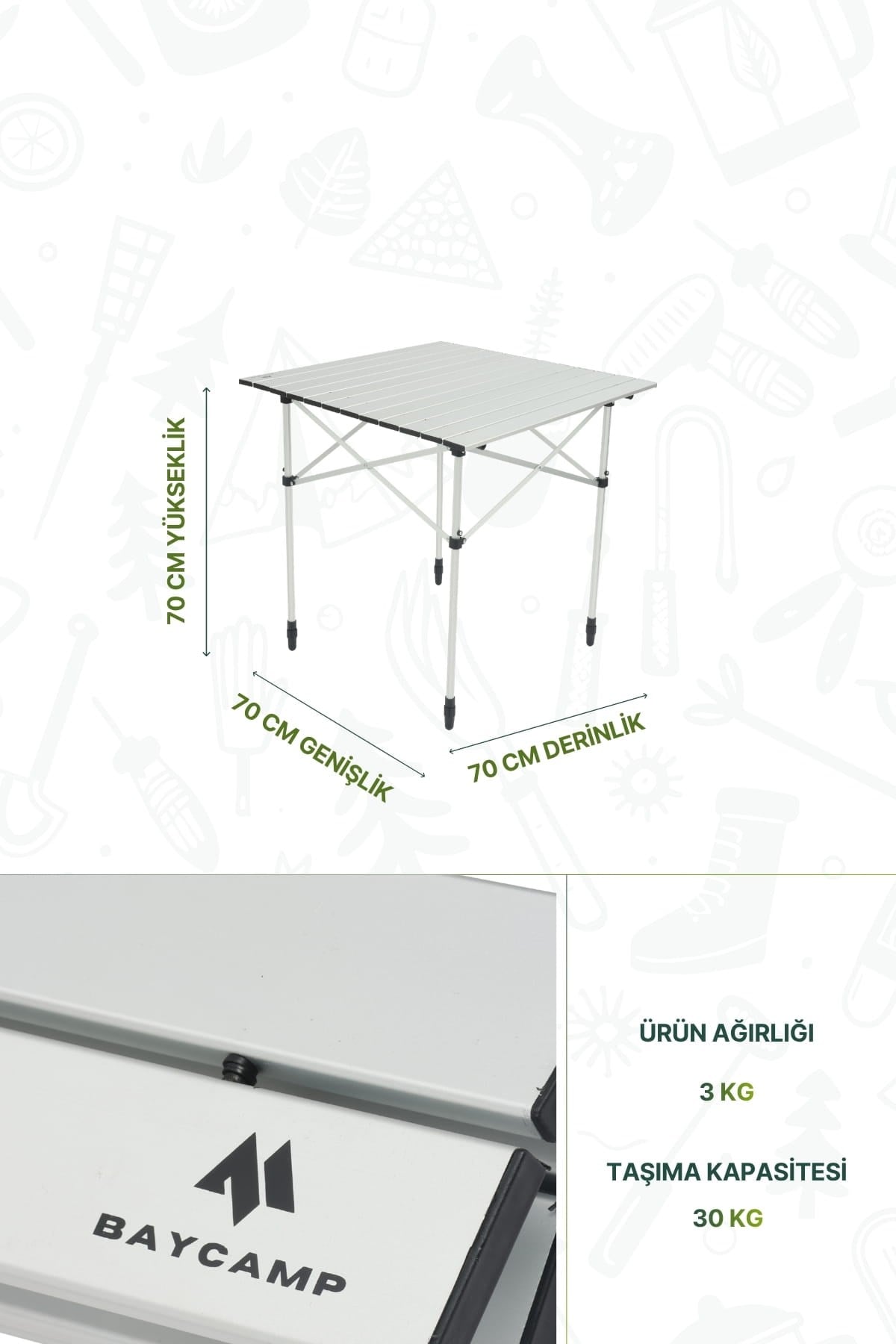 Baycamp TB70 Paslanmaz Katlanır Kamp Masası Y70 x G70 x D70 cm (BAYCAMP.TB70)