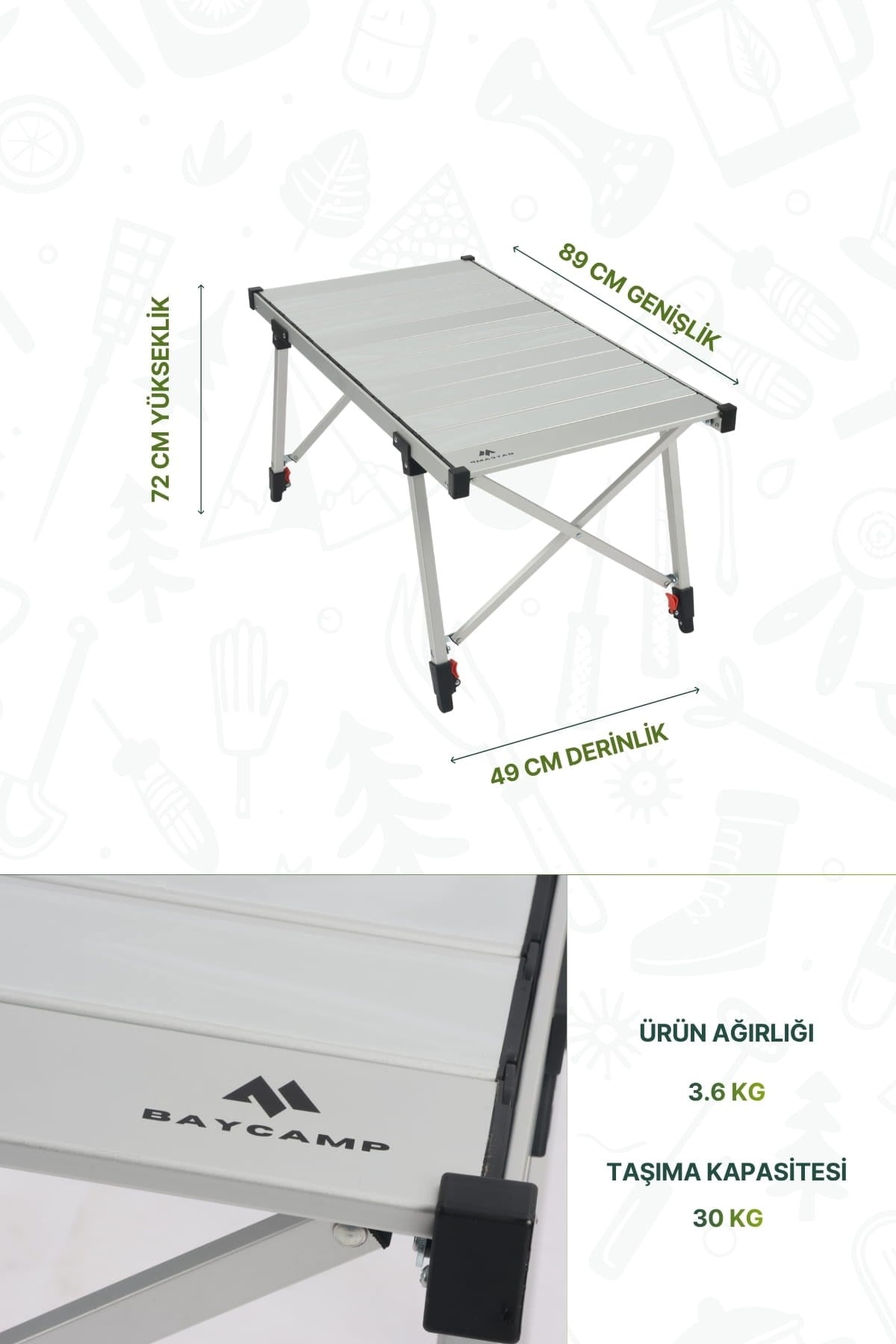 Baycamp TB90 Paslanmaz Katlanır Kamp Masası Y72 x G89 x D49 cm (BAYCAMP.TB90)