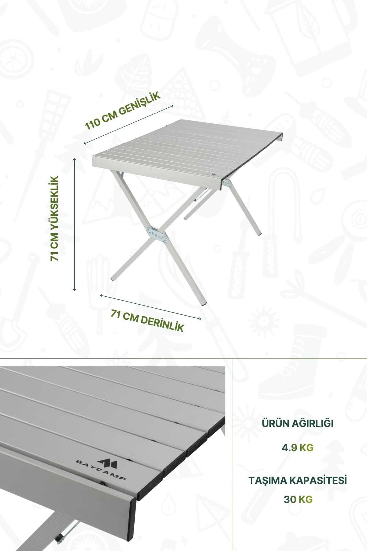 Baycamp TB110 Paslanmaz Katlanır Kamp Masası Y71 x G110 x D71 cm (BAYCAMP.TB110)
