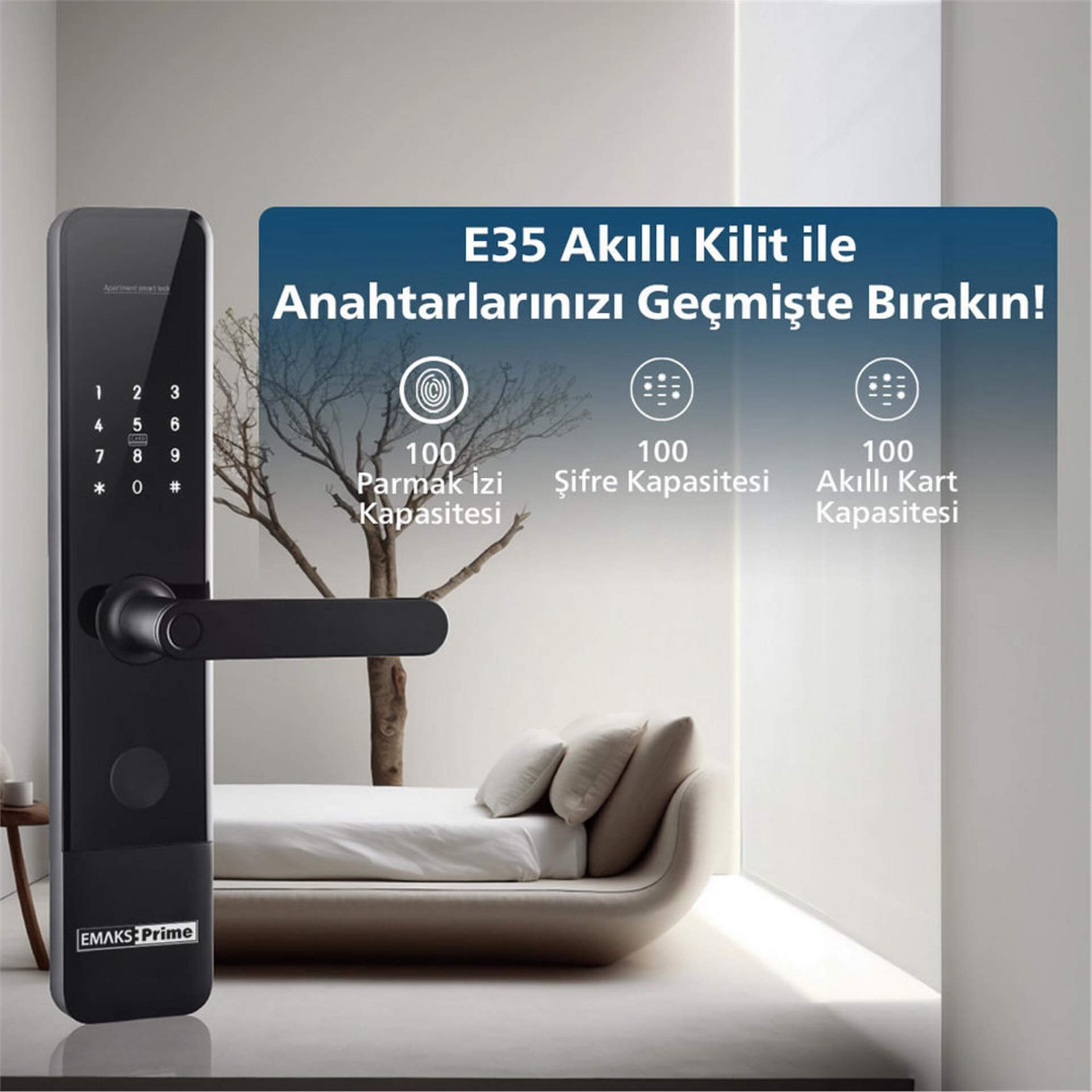 Emaks Prime Siyah E35 Akıllı Kapı Kilidi (EE.EKK.002.0001.R001)