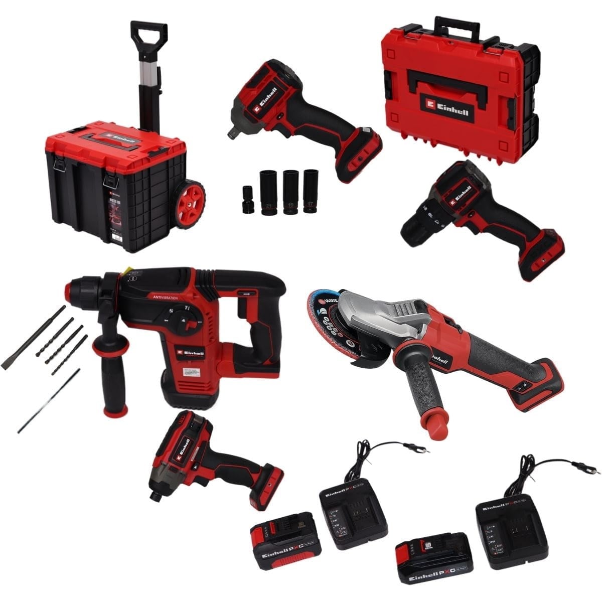Einhell Professional 5' li Makine Seti (Einhell Pnömatik Matkap (Kırıcı - Delici), Einhell Avuç Taşlama Makinesi, Einhell Darbeli Vidalama, Einhell Torklu Vidalama, Einhell Darbeli Somun Sıkma, 2 Adet PXC Başlangıç Kiti, Taşıma Ve Saklama Çantası)