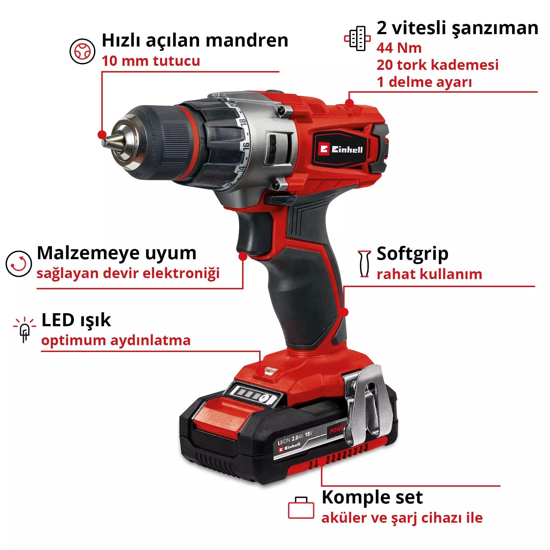 Einhell Expert TE-CD 18/2 Li (2x2,0 Ah), Akülü Vidalama