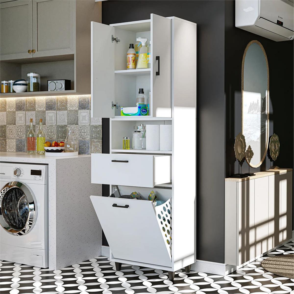 Room Art Beyaz Kirli Çamaşır Sepetli Çekmeceli Banyo Dolabı (RoomArt.2525)