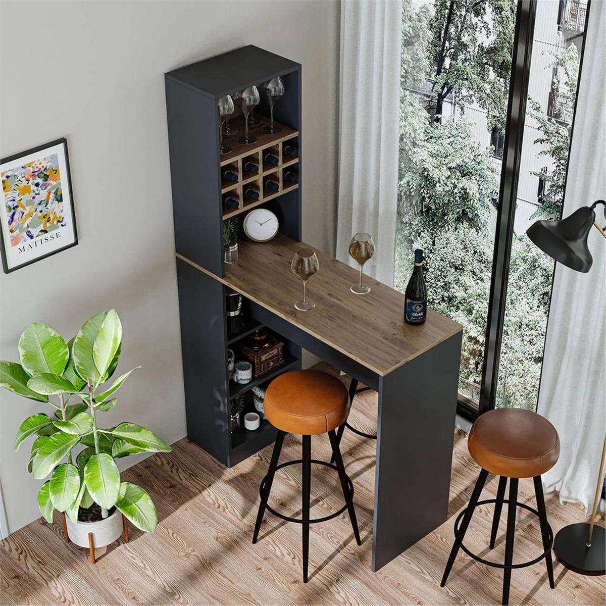 Room Art Atlas Çam Antrasit Dublin Raflı Bar Masası (RoomArt.2771)