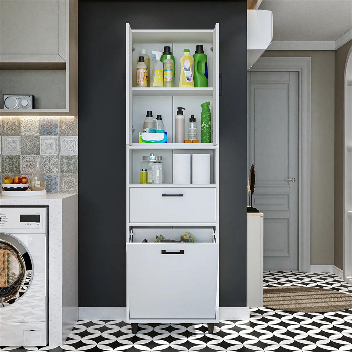 Room Art Beyaz Kirli Çamaşır Sepetli Çekmeceli Banyo Dolabı (RoomArt.2525)