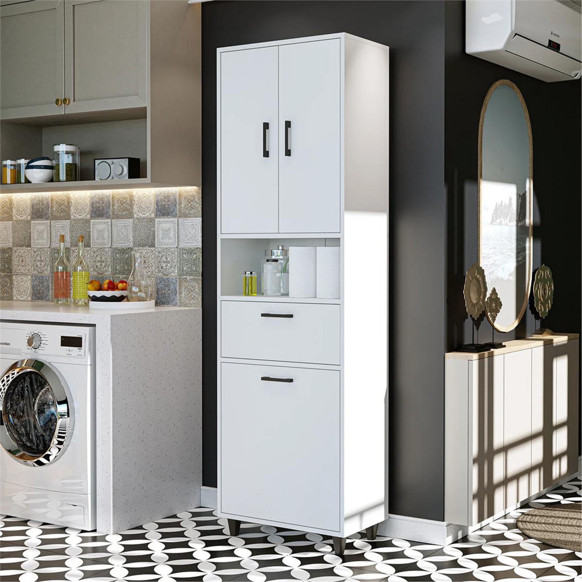 Room Art Beyaz Kirli Çamaşır Sepetli Çekmeceli Banyo Dolabı (RoomArt.2525)