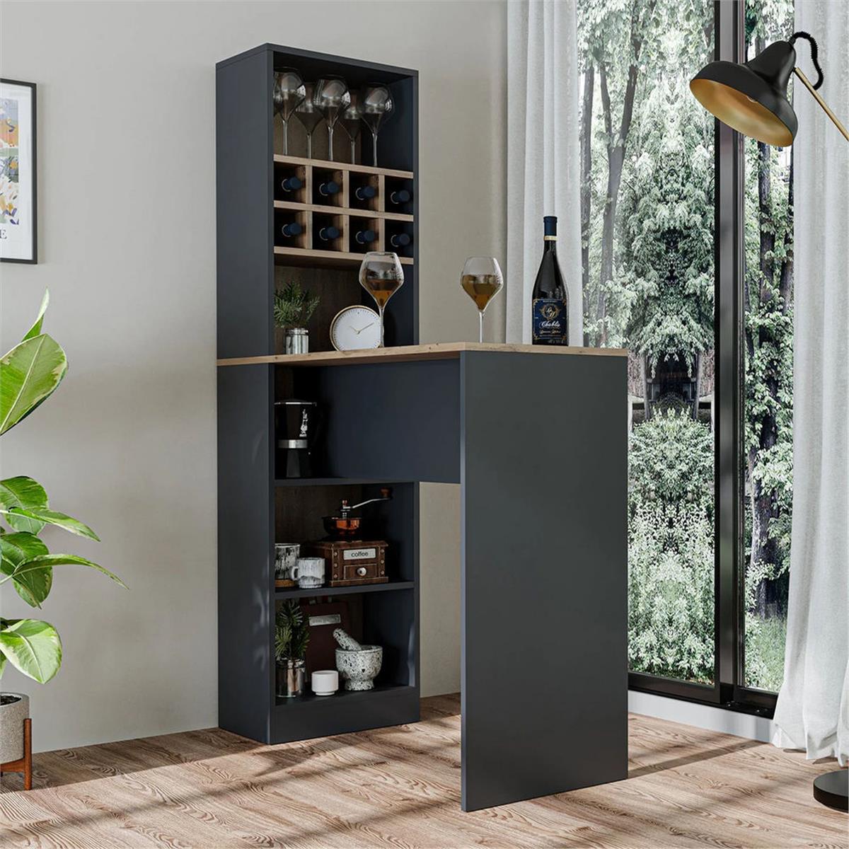 Room Art Atlas Çam Antrasit Dublin Raflı Bar Masası (RoomArt.2771)