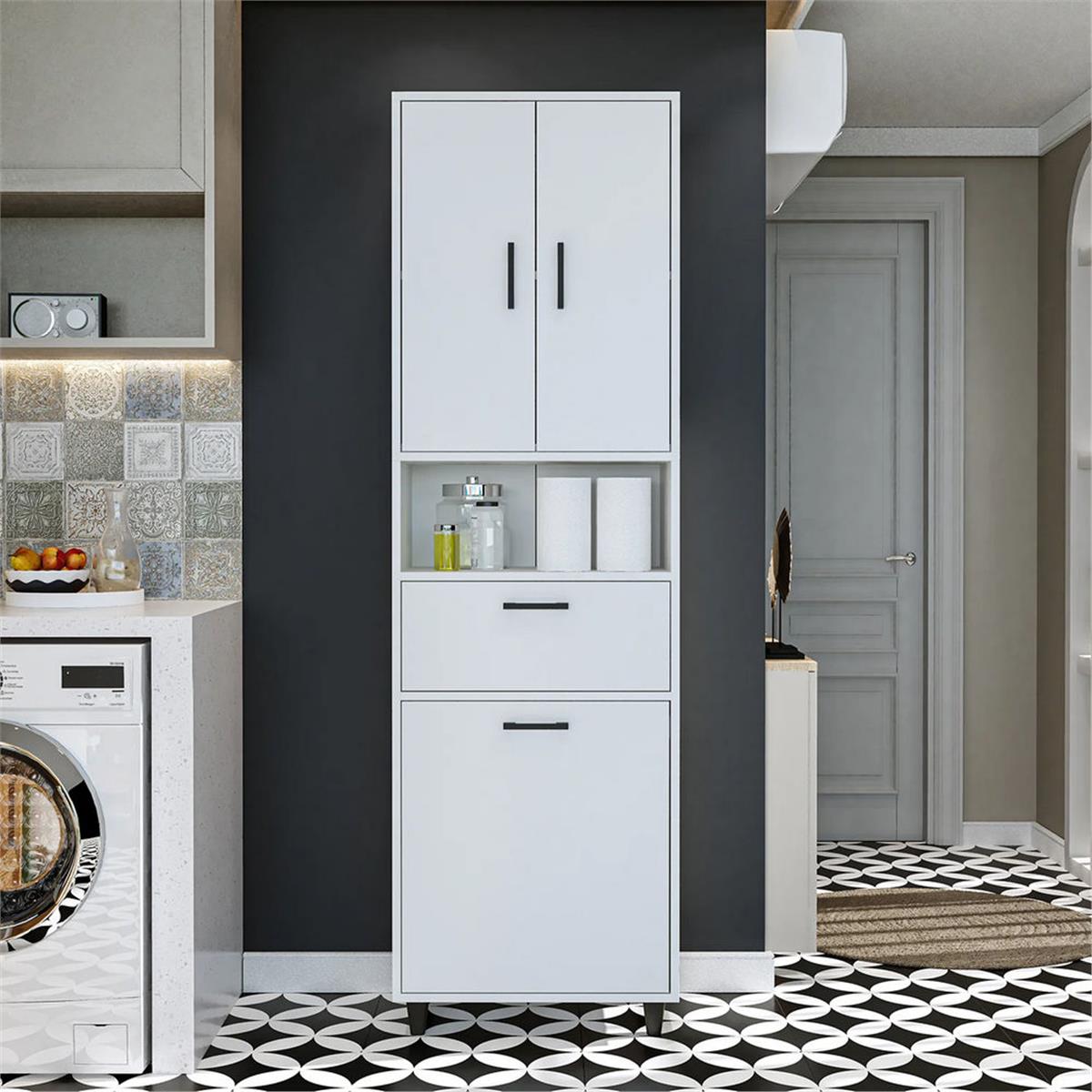 Room Art Beyaz Kirli Çamaşır Sepetli Çekmeceli Banyo Dolabı (RoomArt.2525)