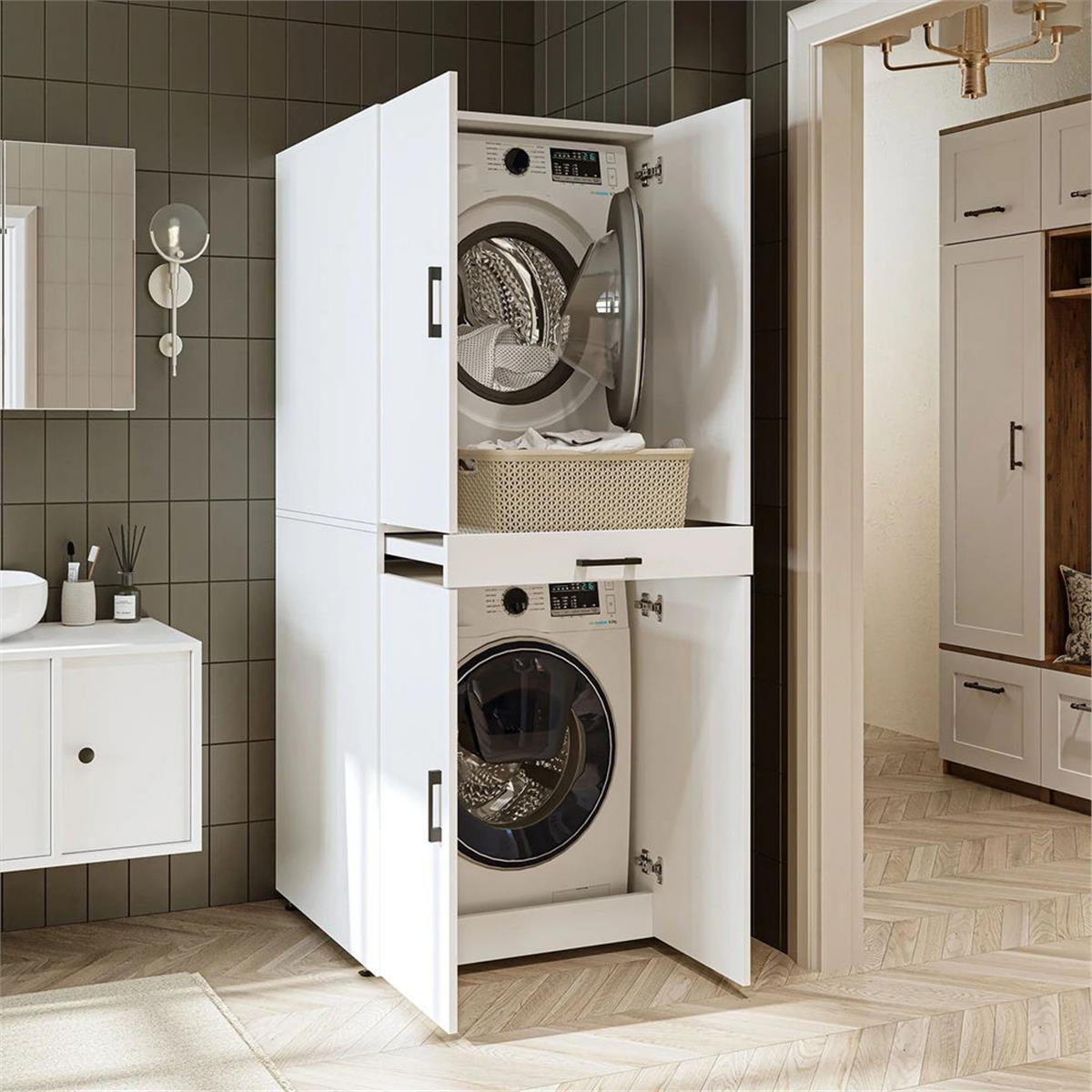 Room Art Beyaz Çekmeceli Kapaklı Çamaşır ve Kurutma Makinası Dolabı (RoomArt.1001.11)