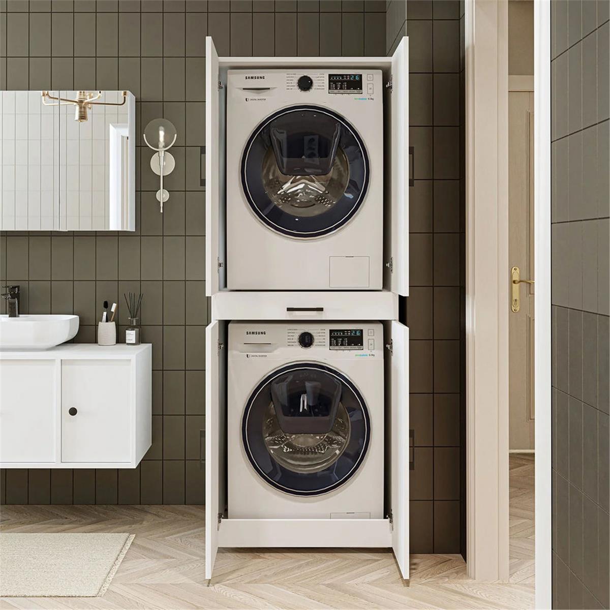 Room Art Beyaz Çekmeceli Kapaklı Çamaşır ve Kurutma Makinası Dolabı (RoomArt.1001.11)