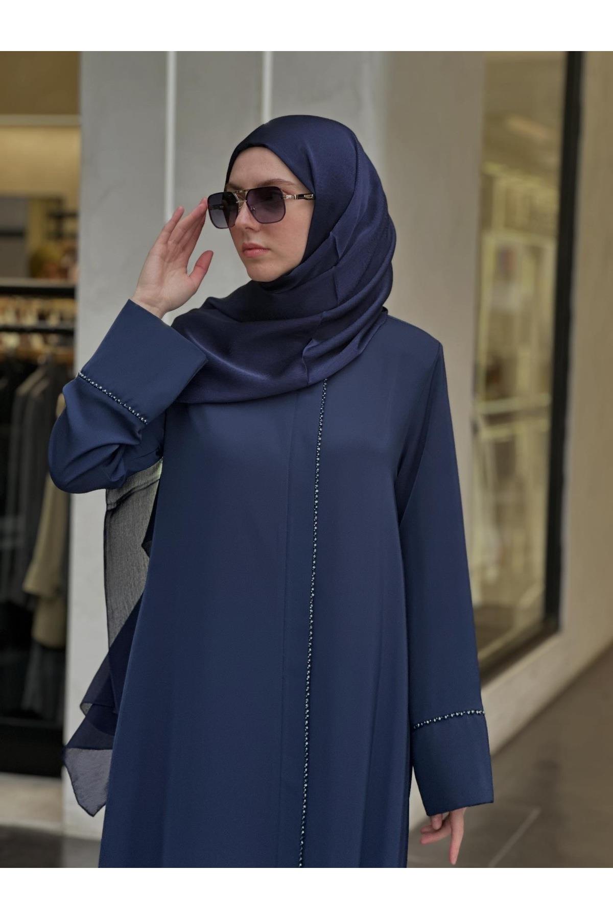 ✨ Liora Taş Detaylı Ferace Şal Takım – Lacivert ✨