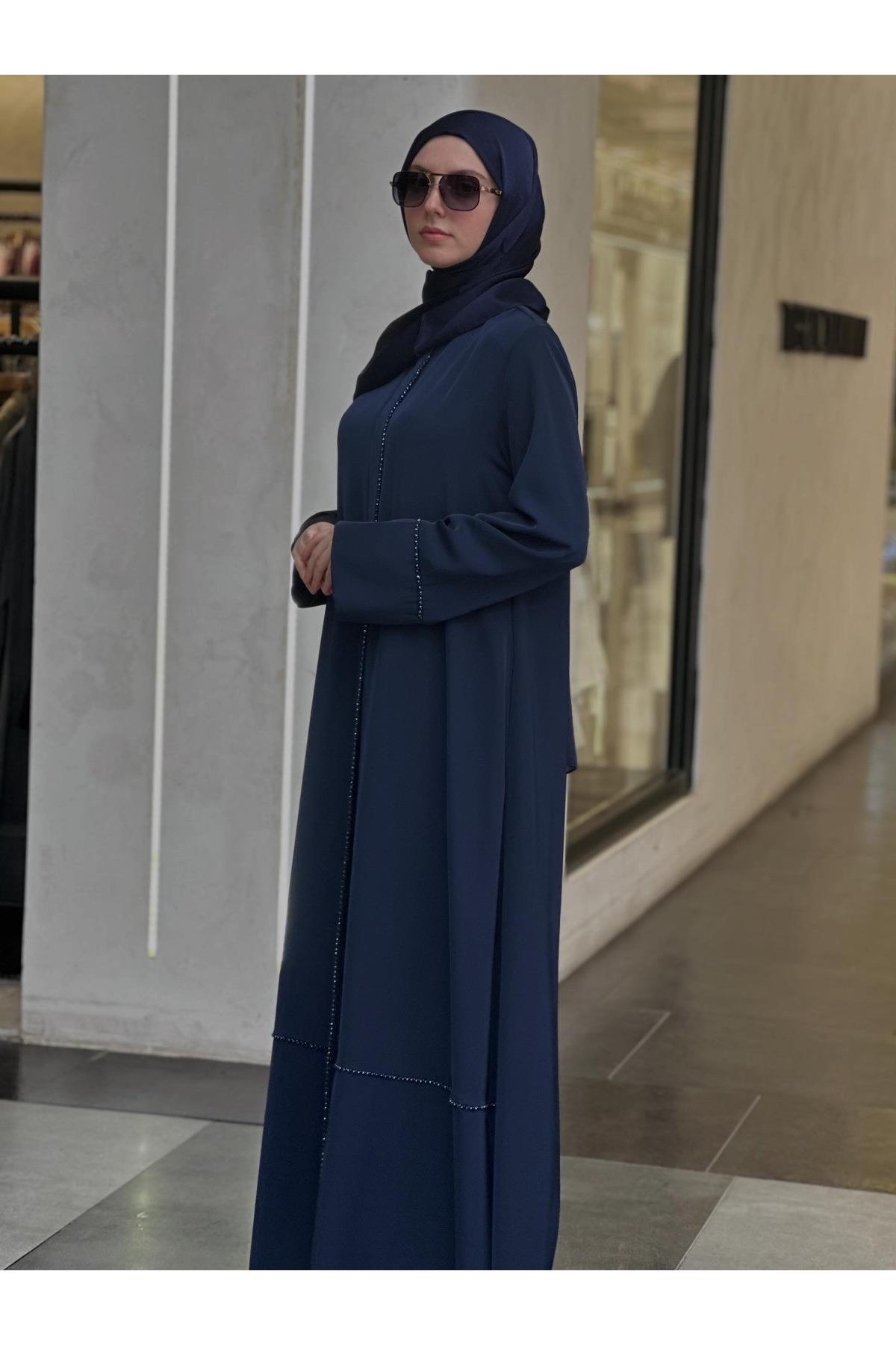 ✨ Liora Taş Detaylı Ferace Şal Takım – Lacivert ✨