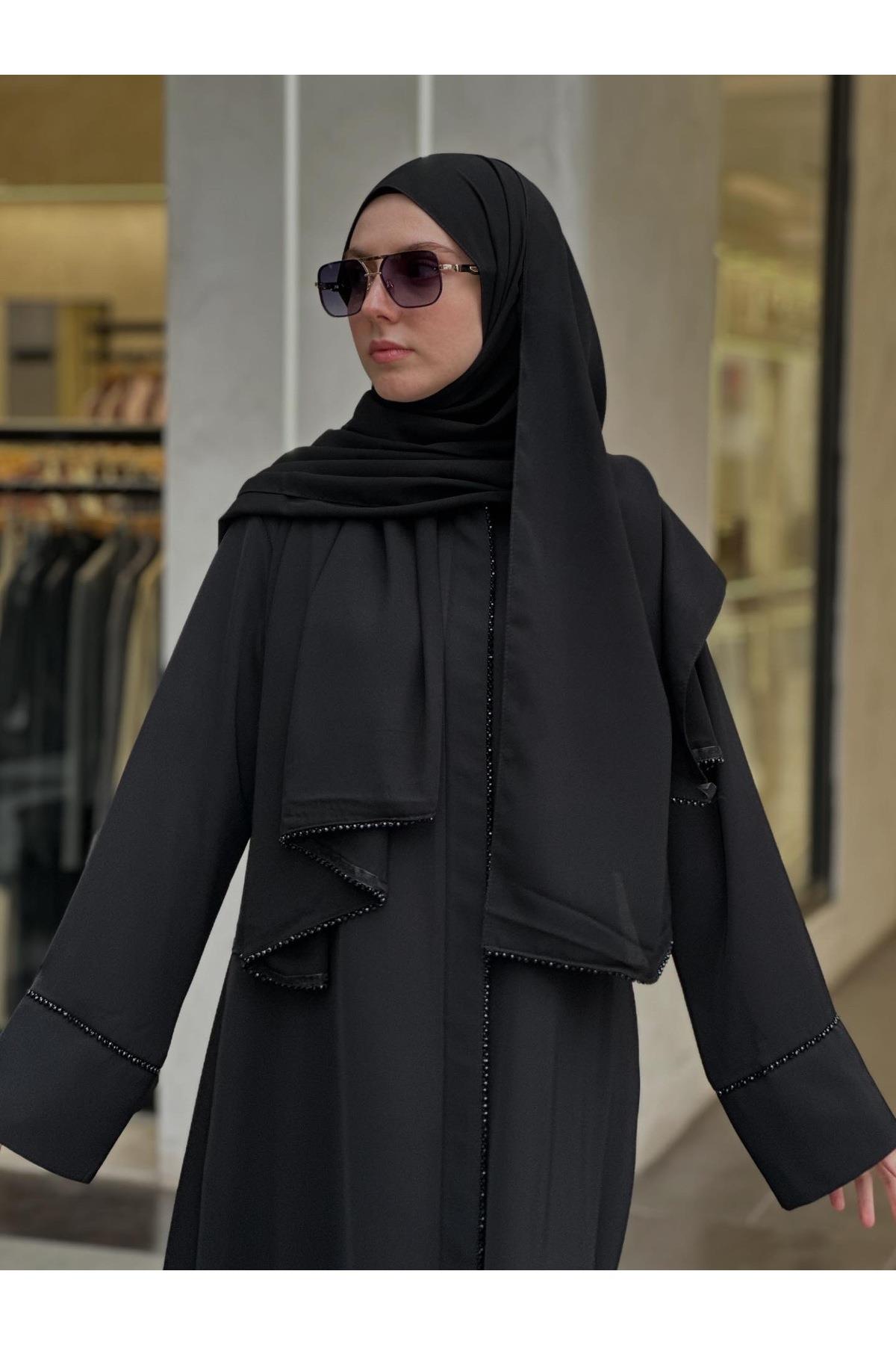✨ Liora Taş Detaylı Ferace Şal Takım – Siyah ✨