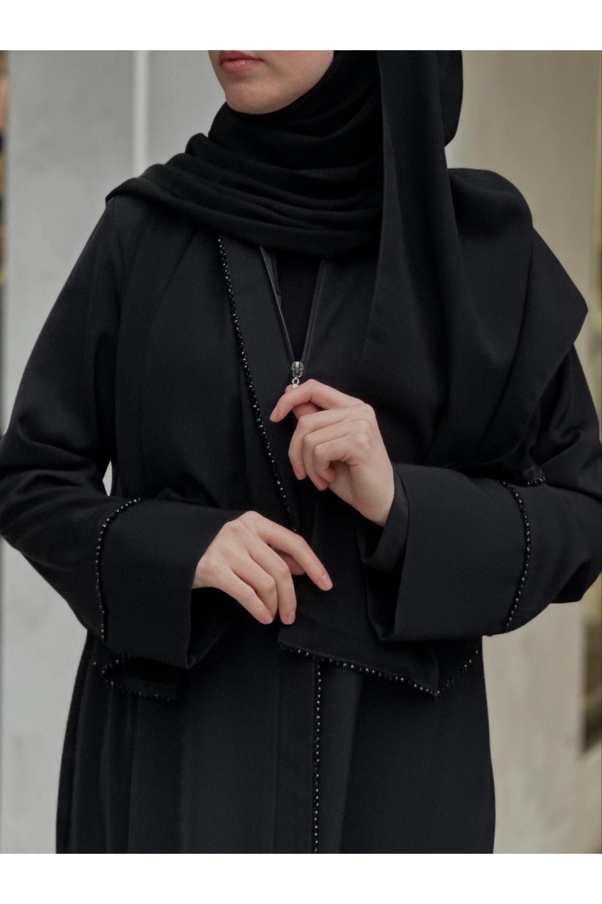 ✨ Liora Taş Detaylı Ferace Şal Takım – Siyah ✨