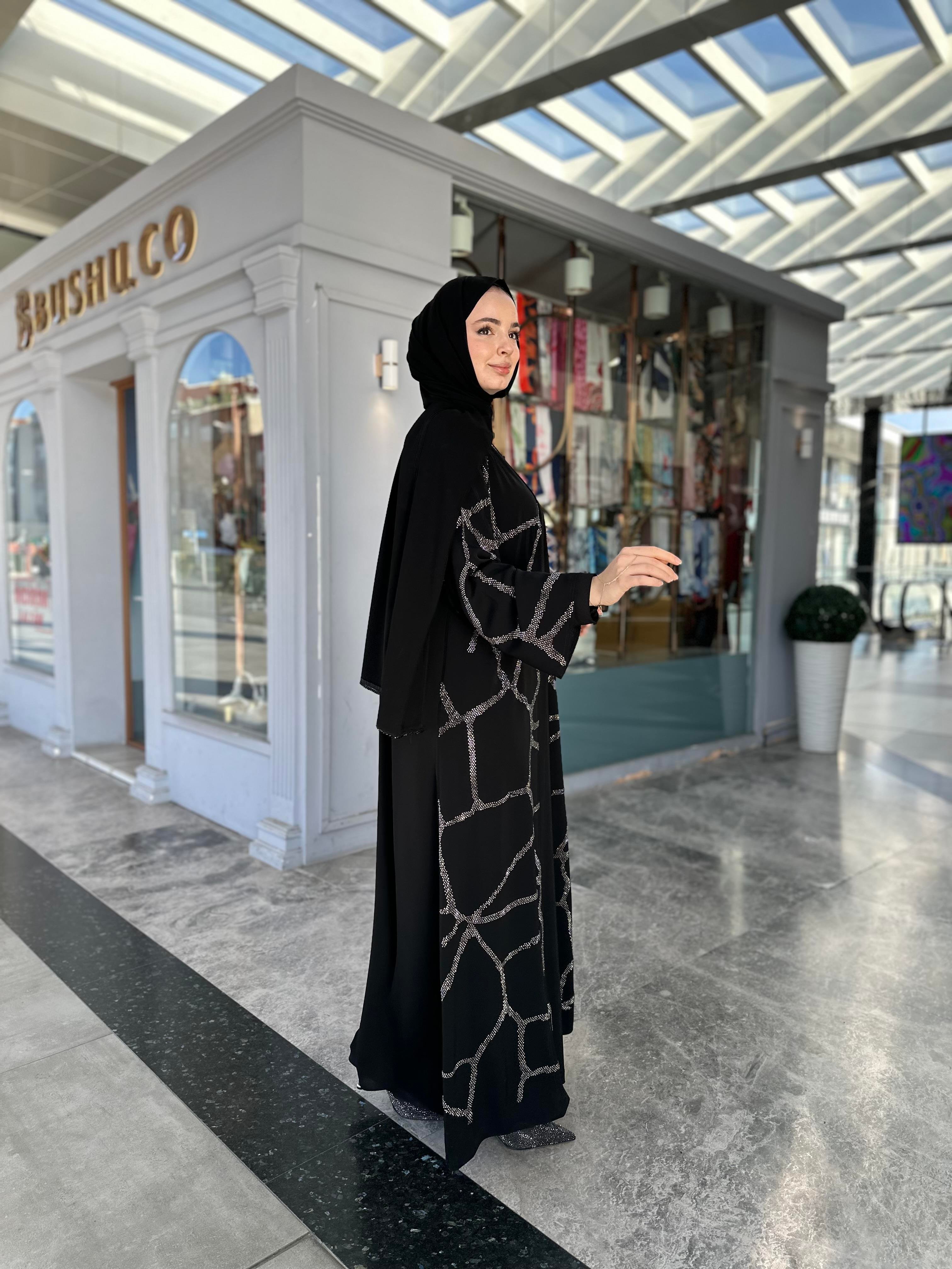 Gümüş taş desenli abaya takım