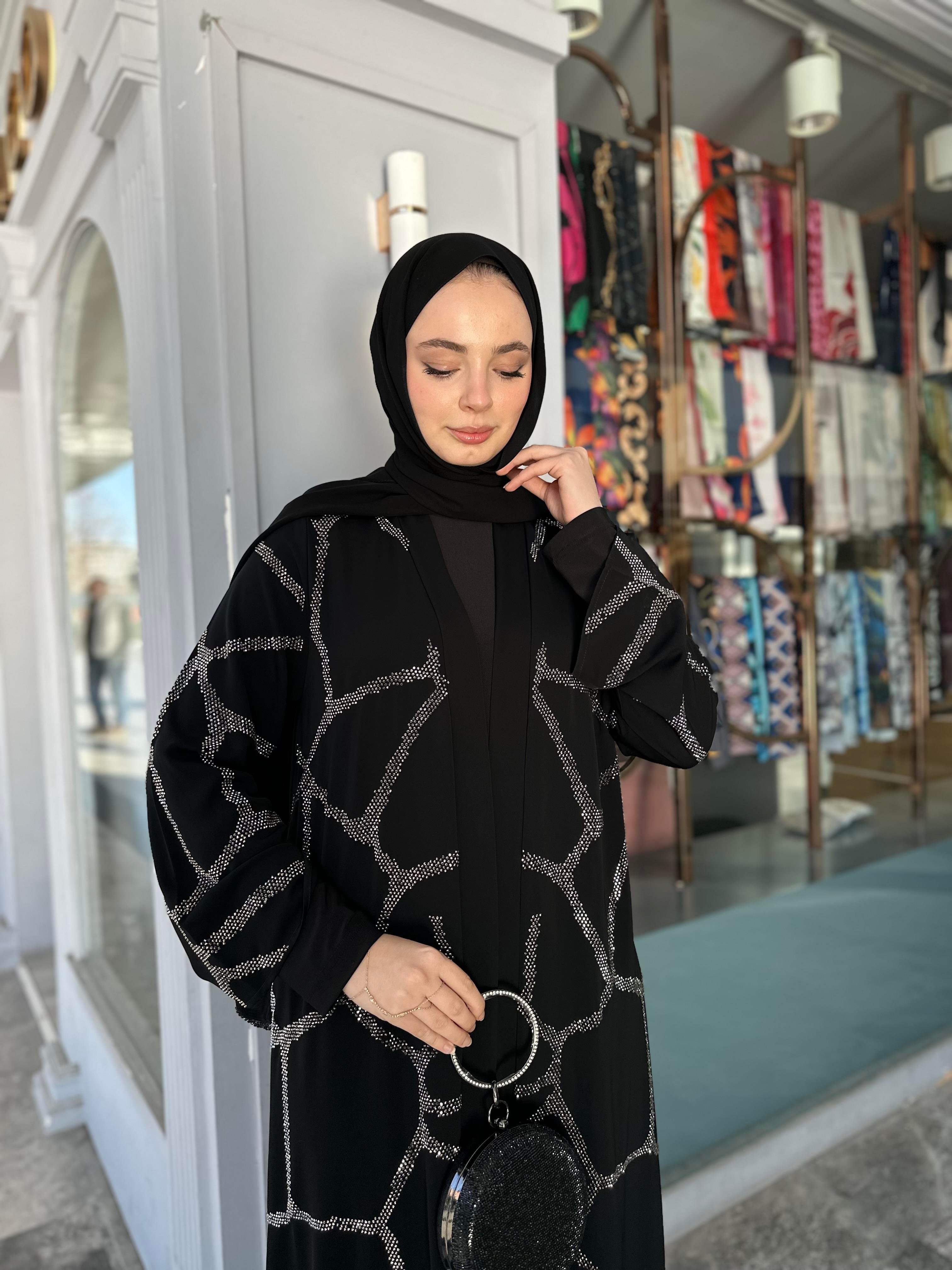Gümüş taş desenli abaya takım