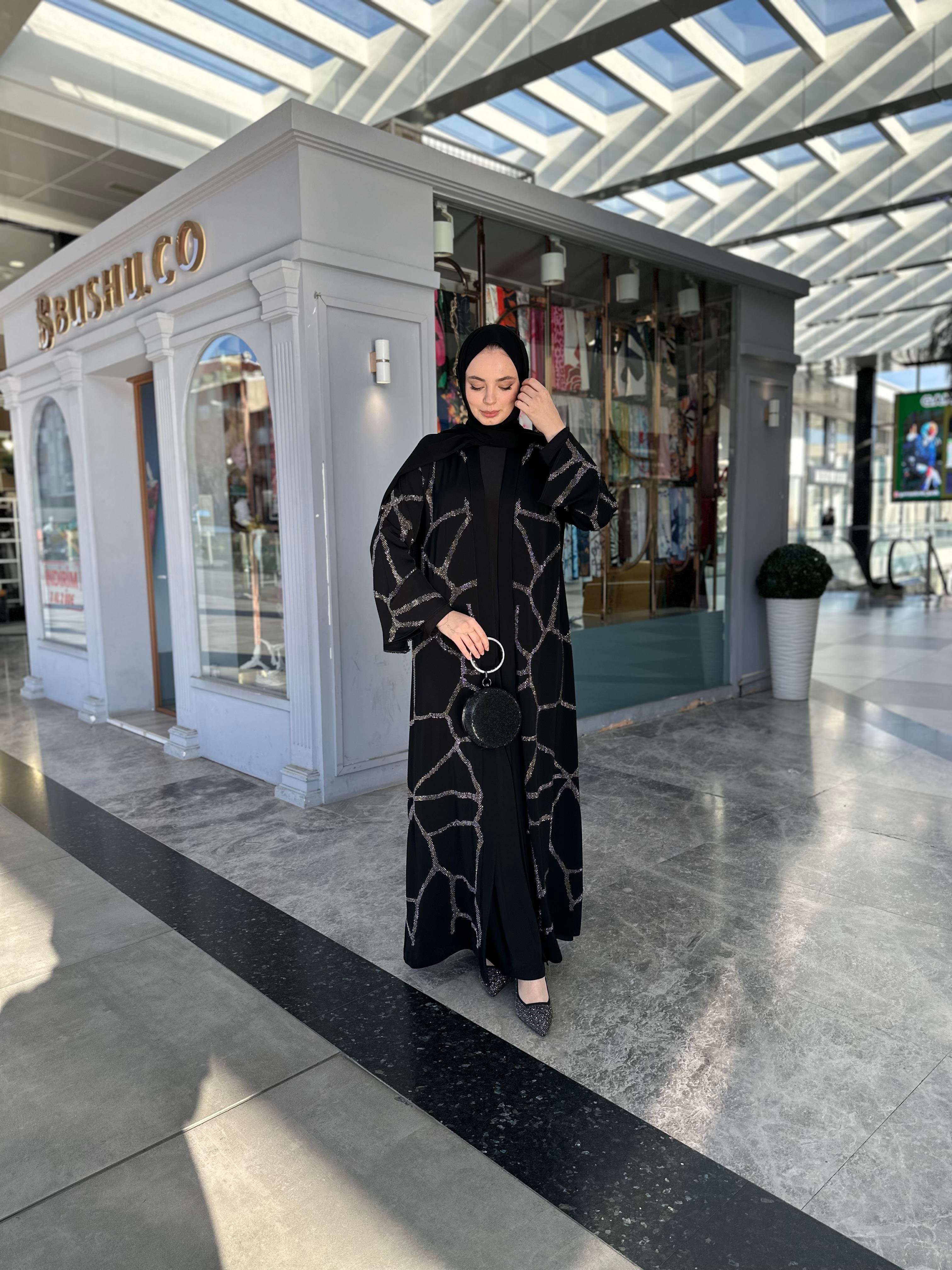Gümüş taş desenli abaya takım