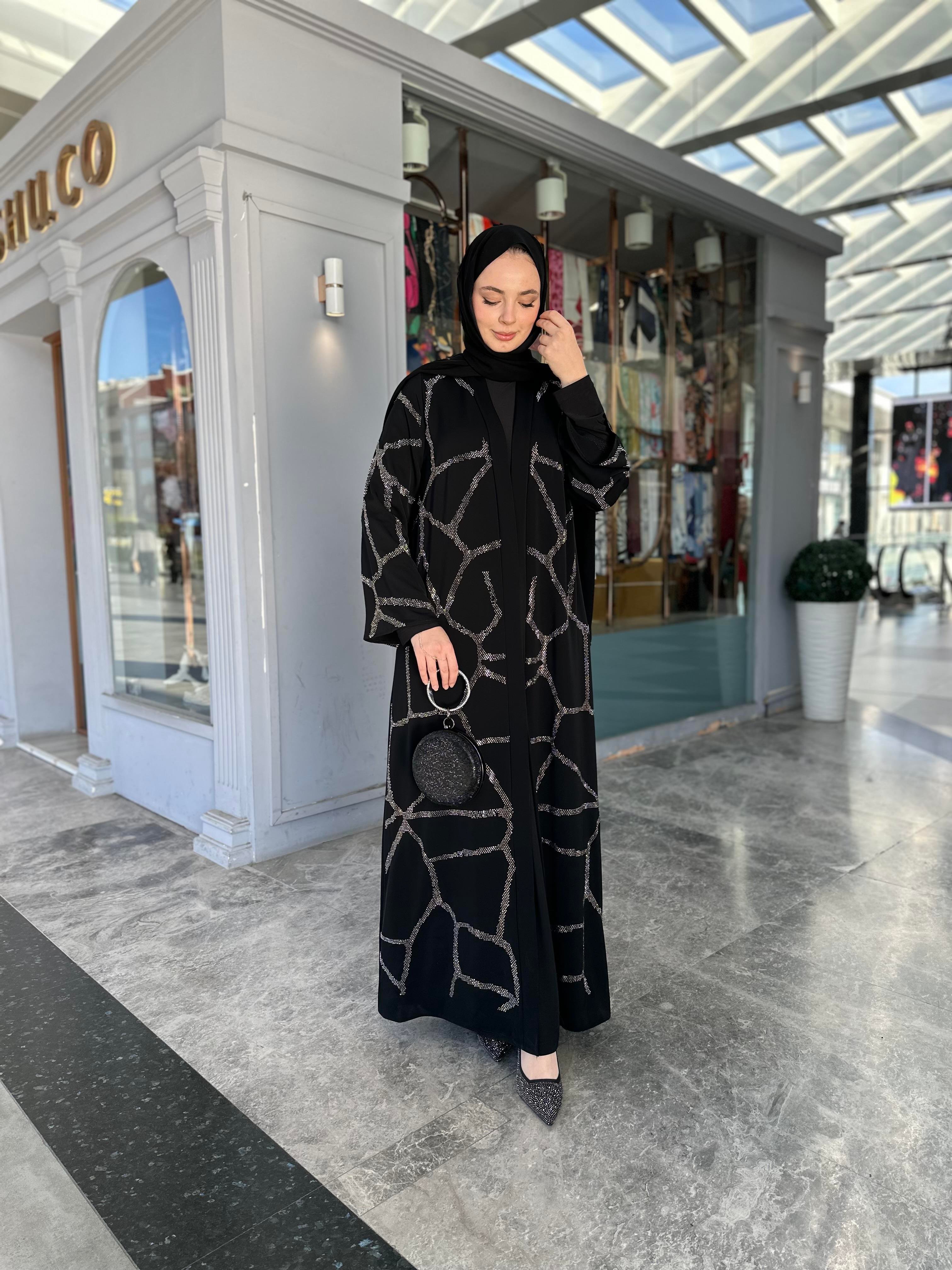 Gümüş taş desenli abaya takım