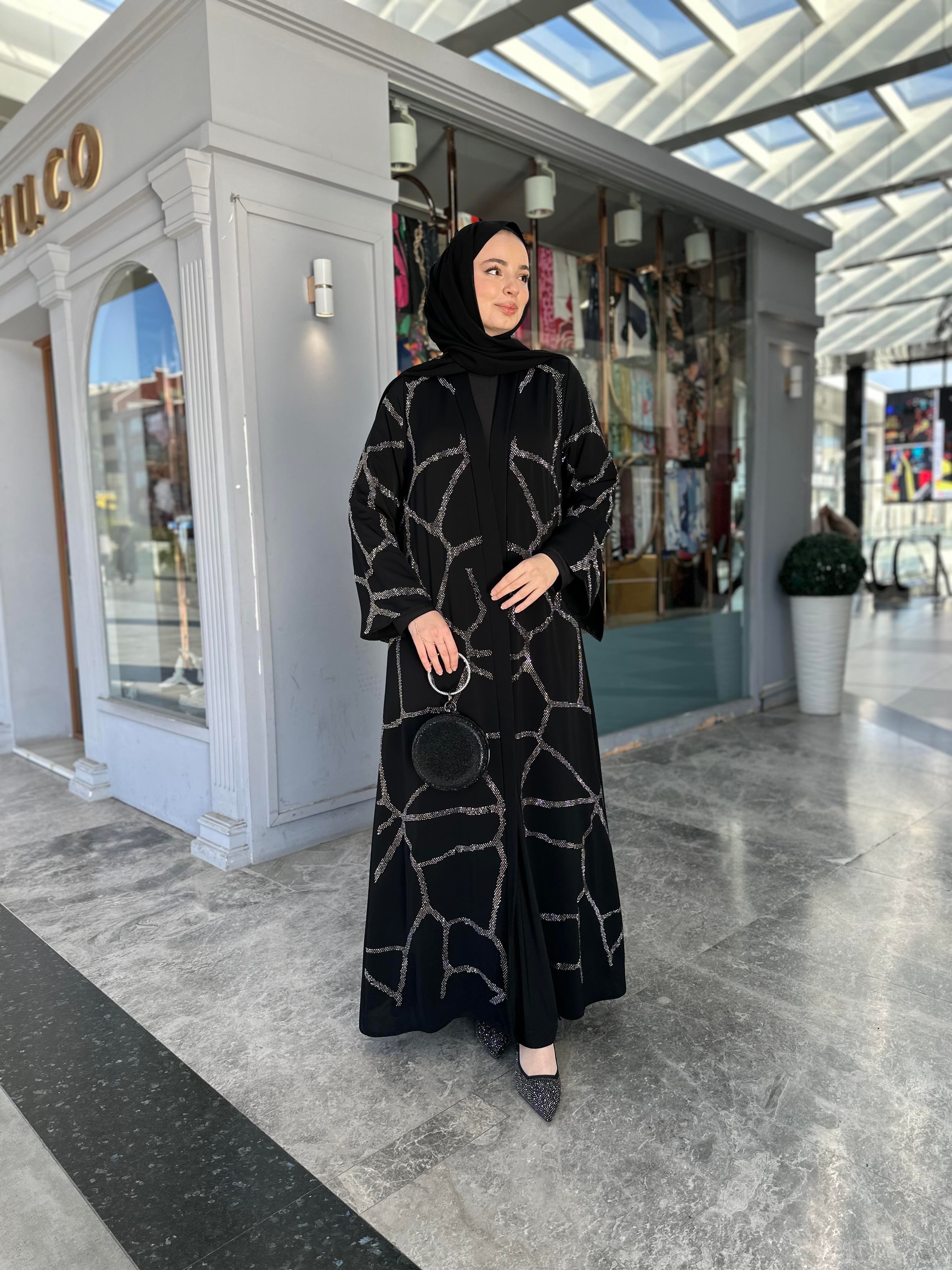 Gümüş taş desenli abaya takım