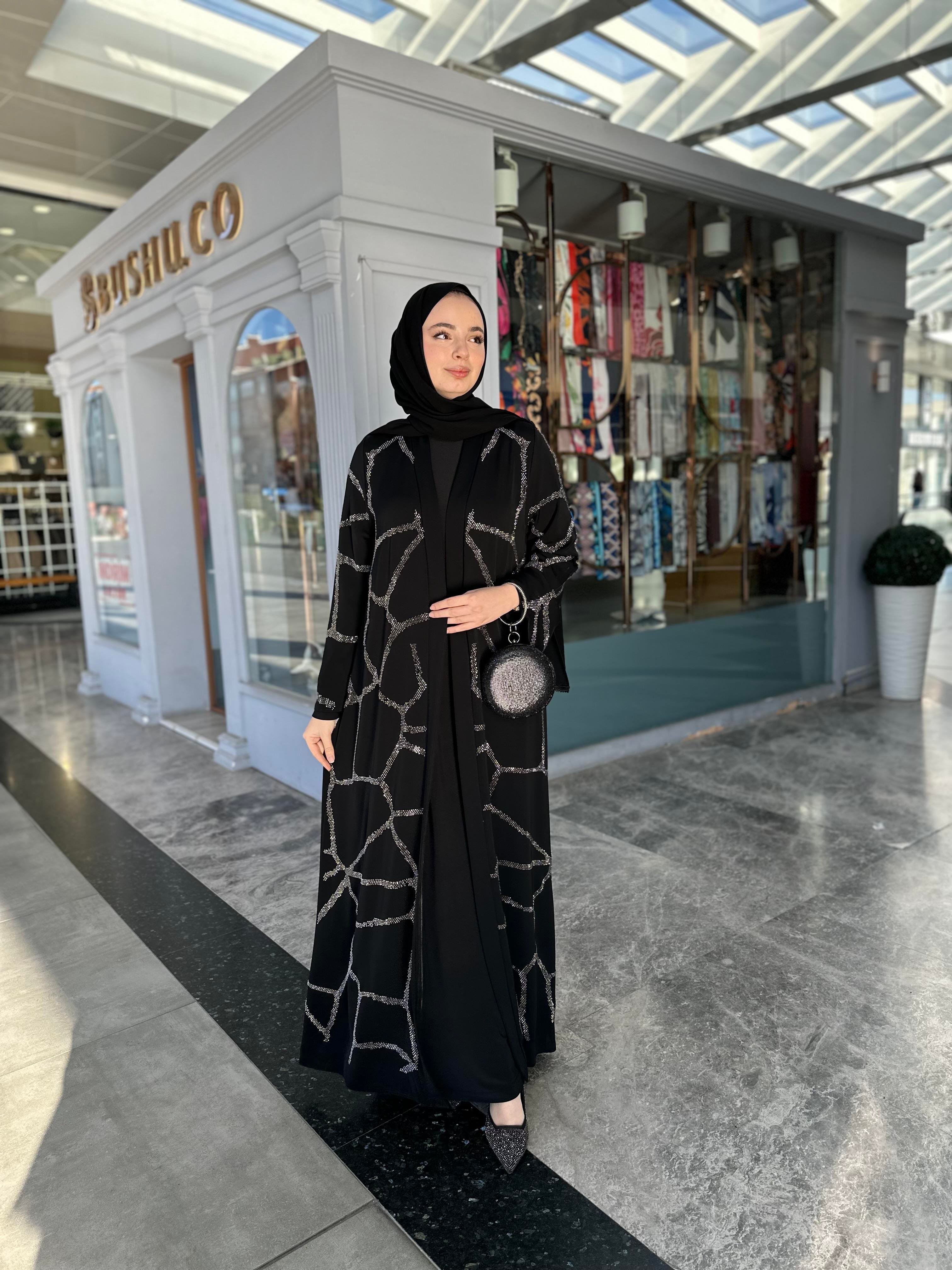 Gümüş taş desenli abaya takım