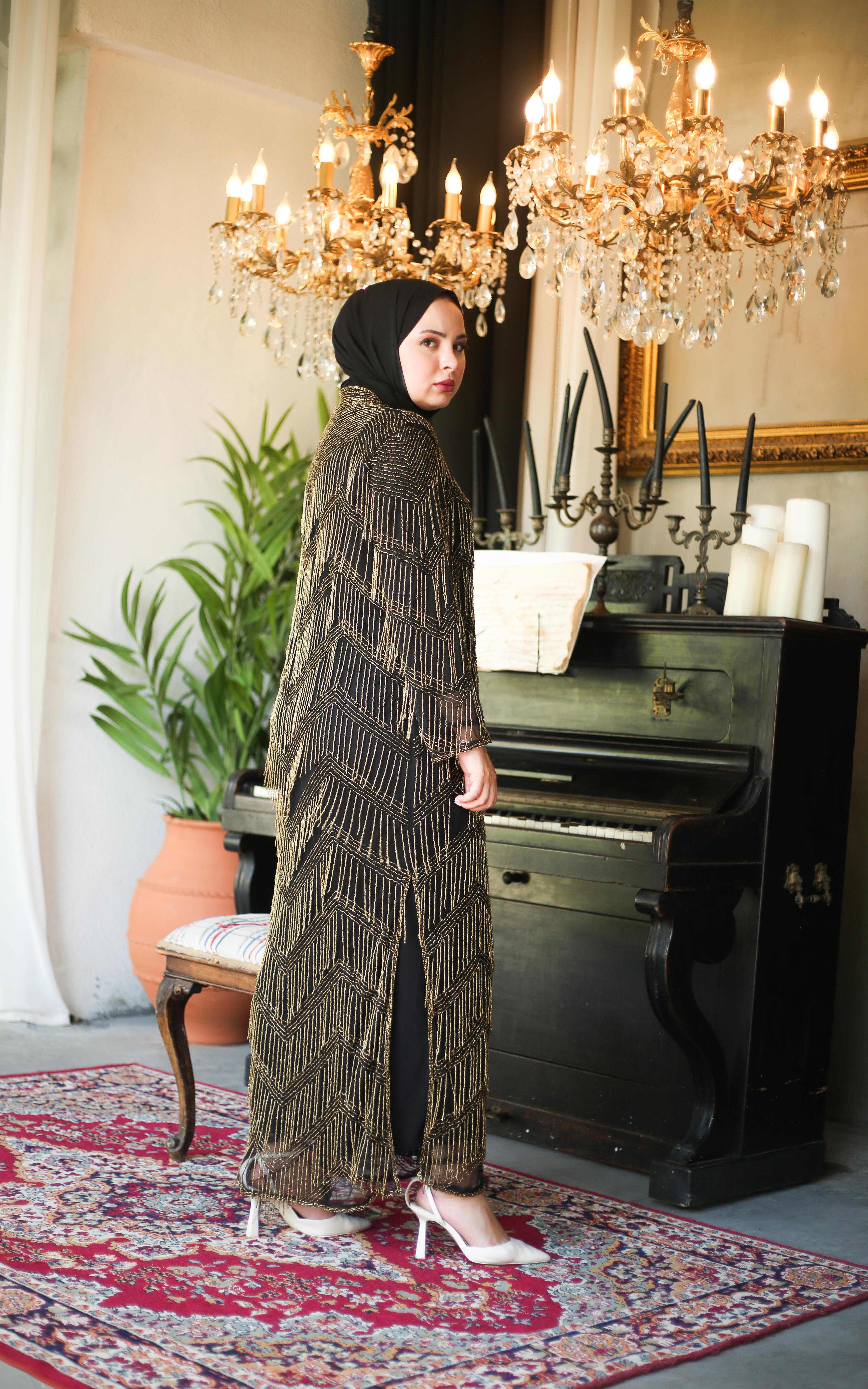 Işıltı Saçaklı İthal Abaya Gold