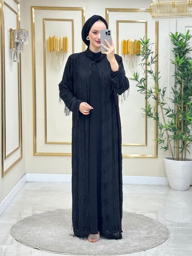 Işıltı Sacaklı İthal Abaya Siyah