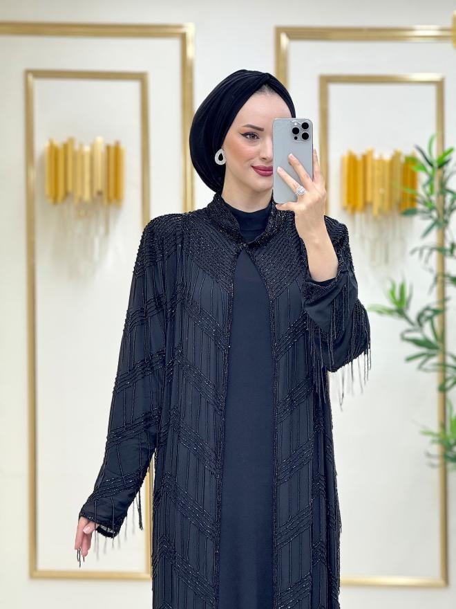 Işıltı Sacaklı İthal Abaya Siyah