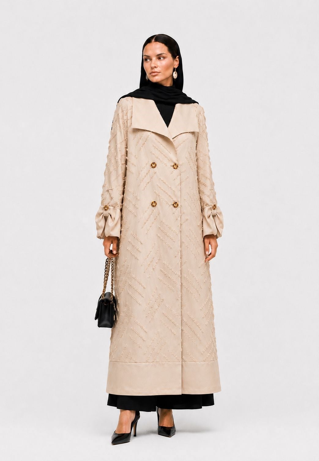 Jakarlı Dokulu Bej Abaya