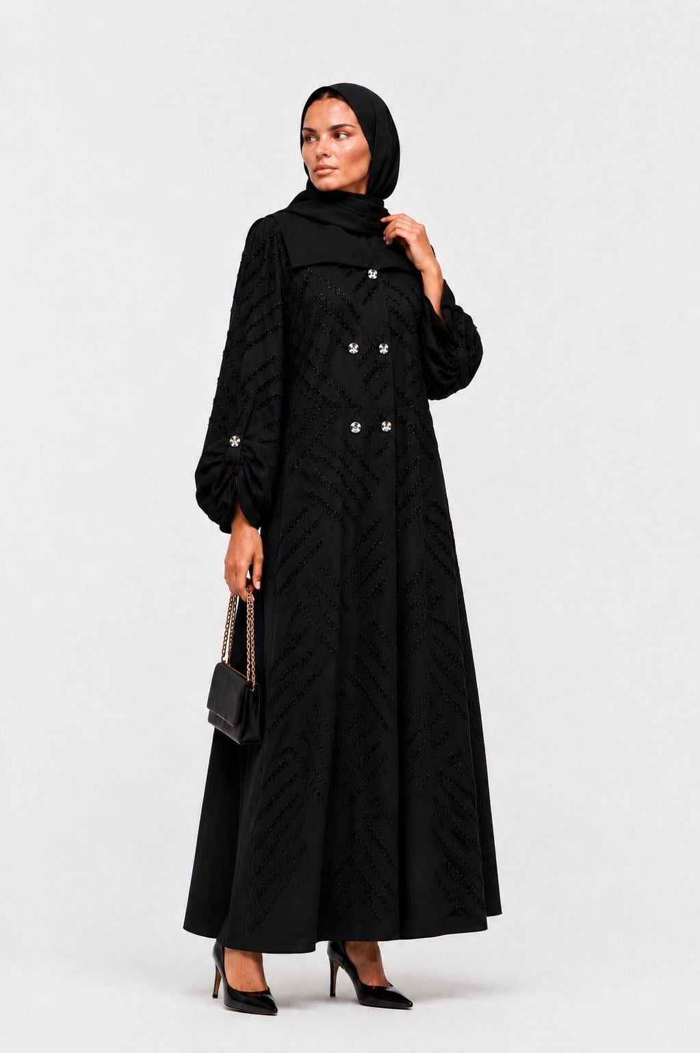 Jakarlı Dokulu Siyah Abaya