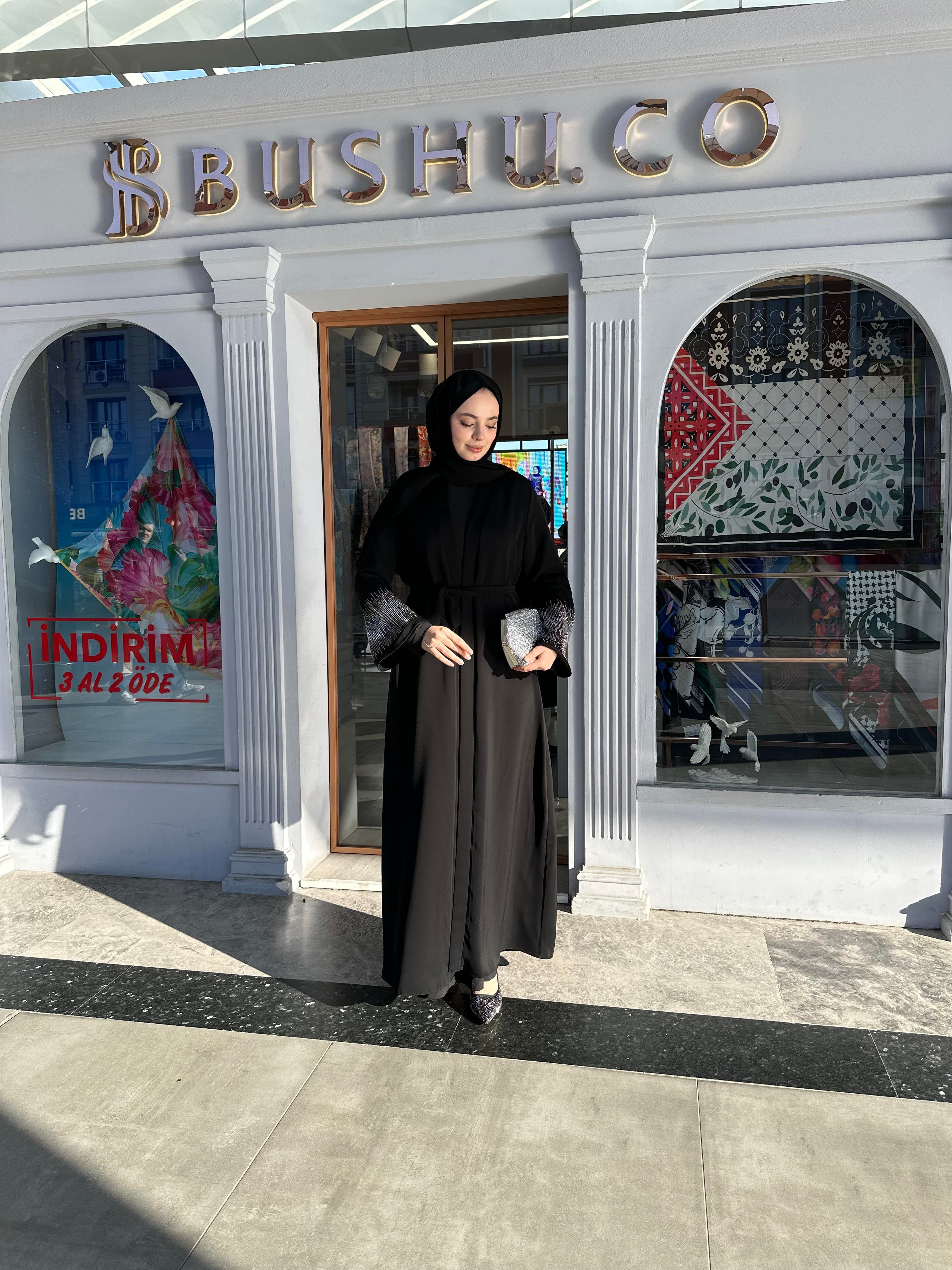 Kolu taşlı abaya takım