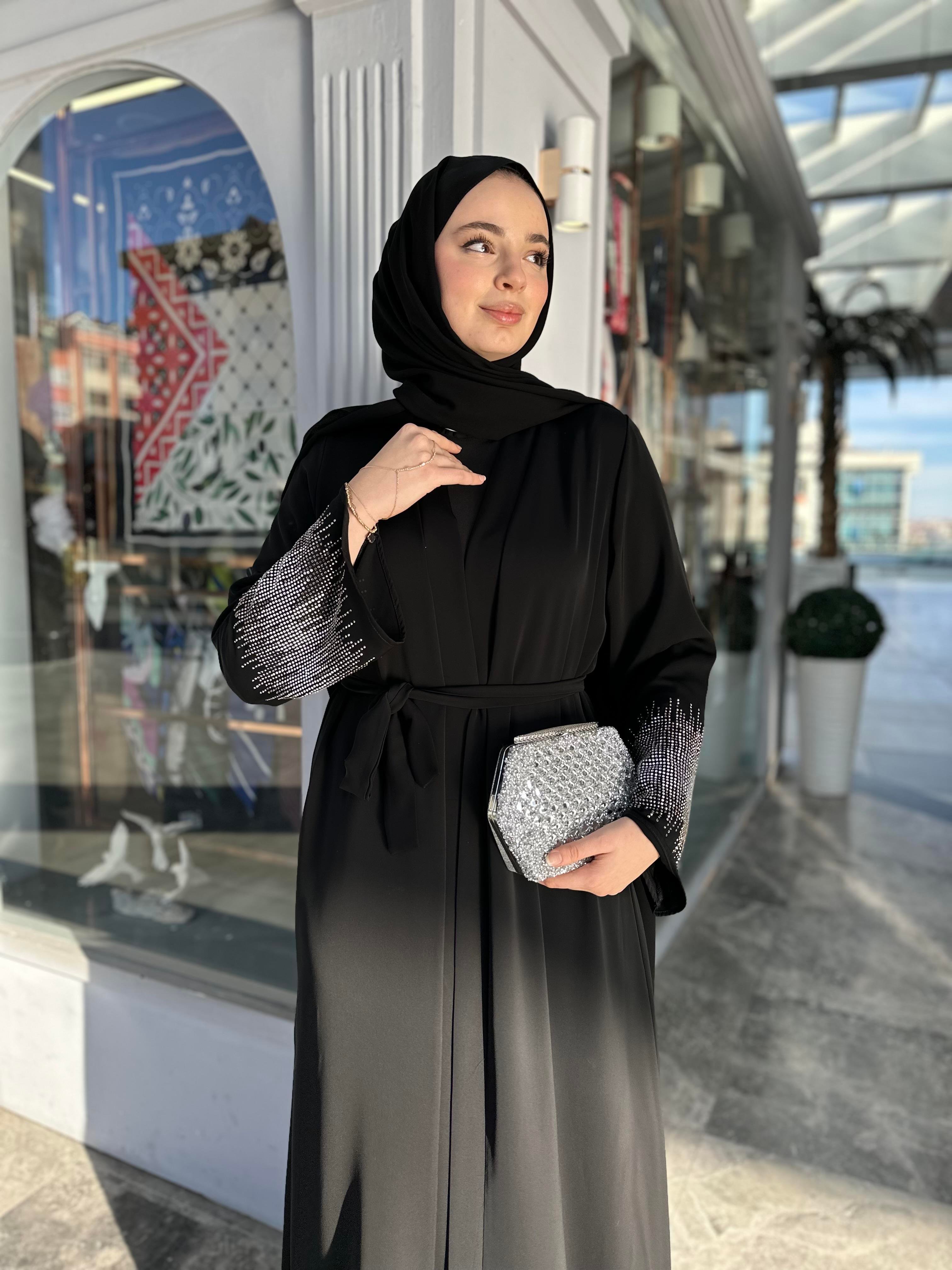 Kolu taşlı abaya takım