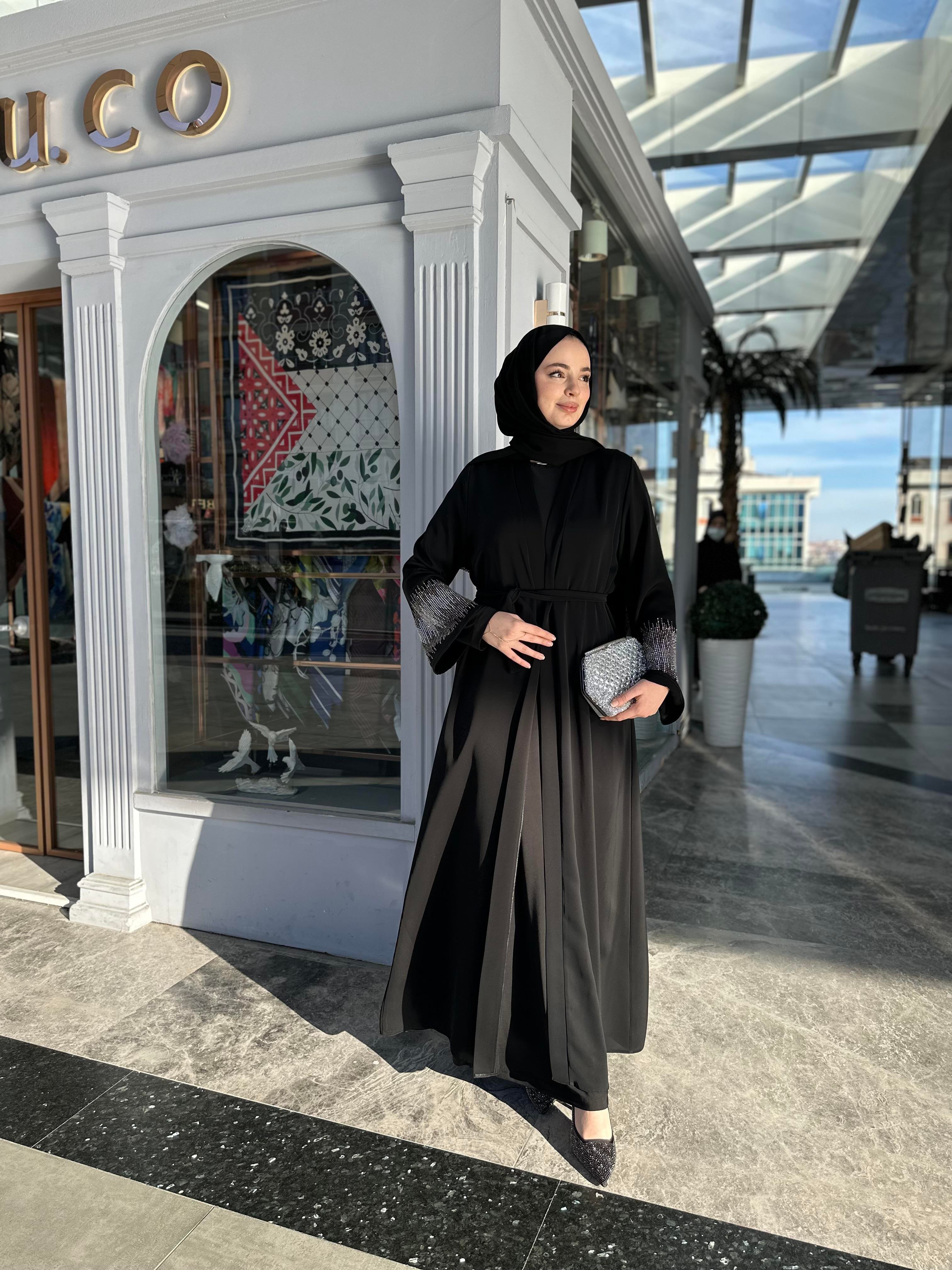 Kolu taşlı abaya takım