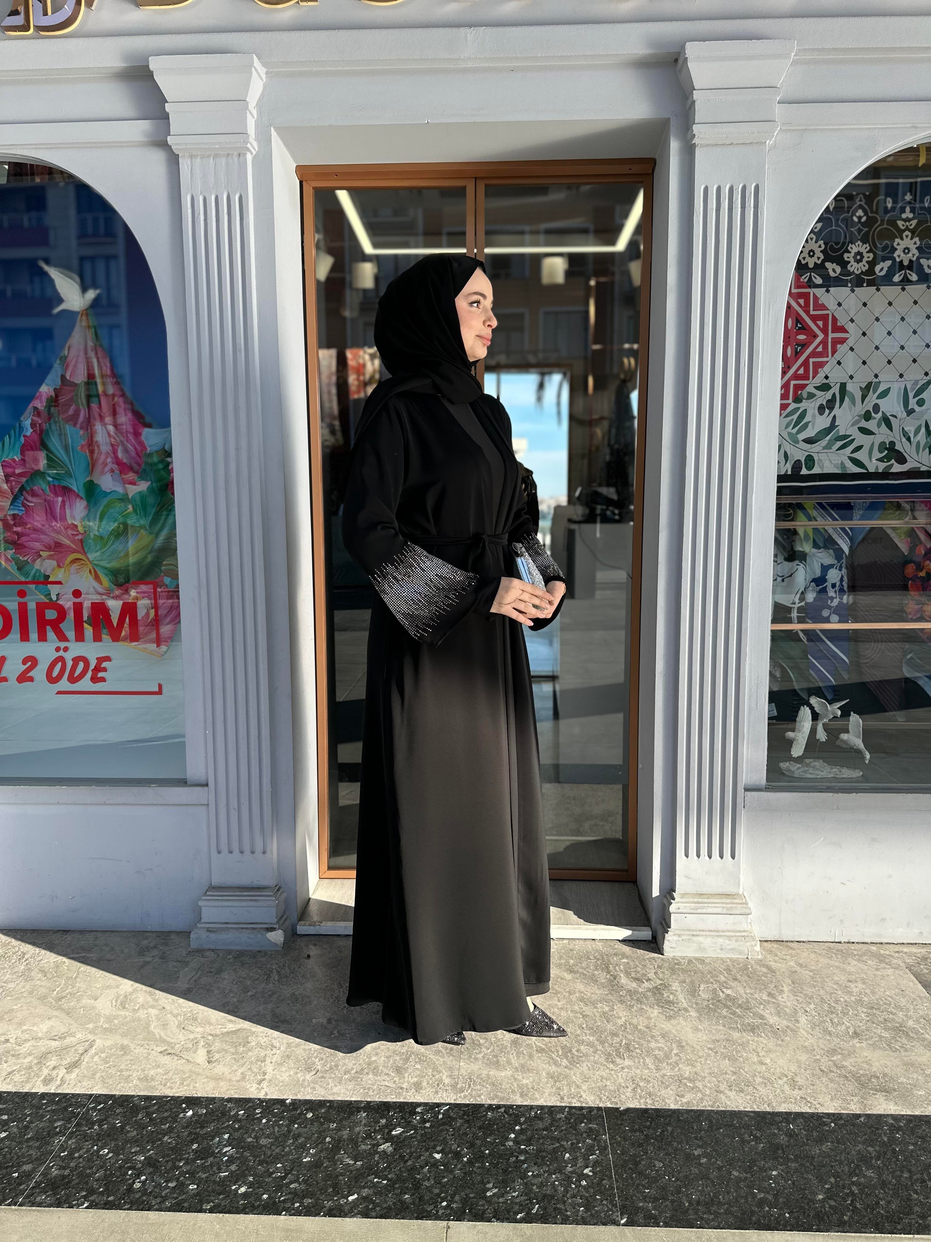 Kolu taşlı abaya takım